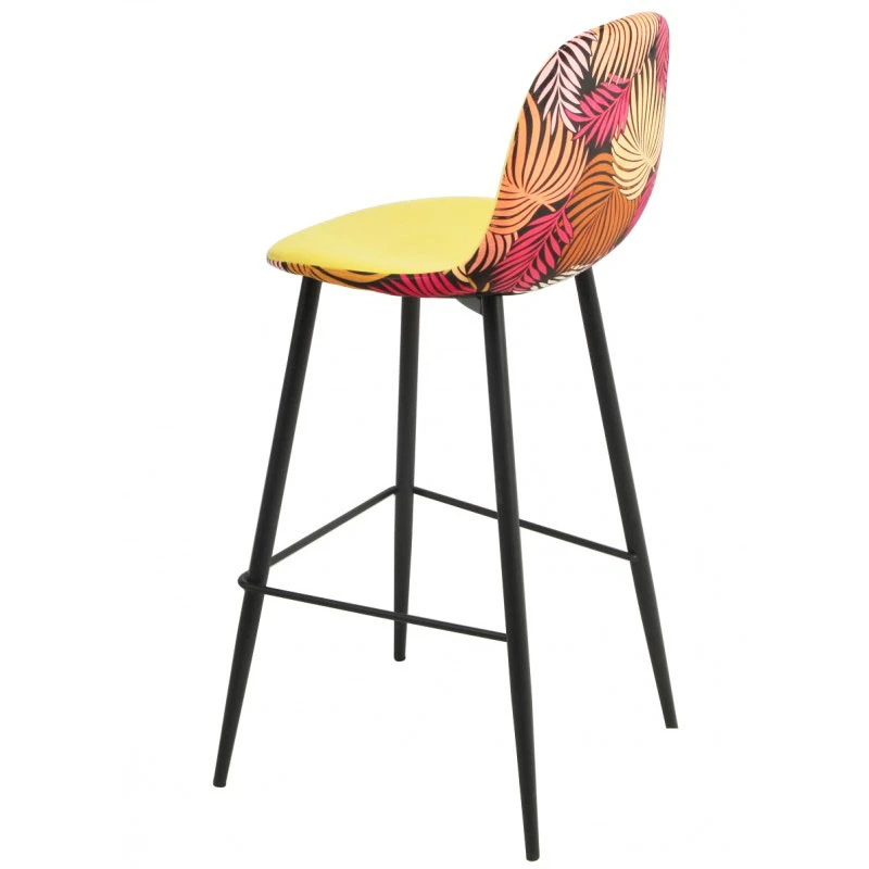 mobiliario-contract-taburete horus metal tapizado velvet amarillo con trasera floral a juego
